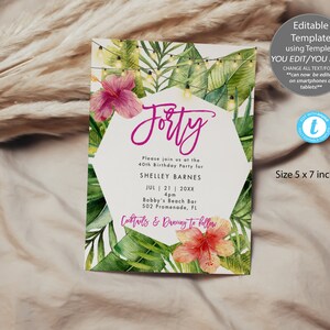 May include: A tropical-themed 40th birthday party invitation with a watercolor design featuring green palm leaves, pink and orange hibiscus flowers, and string lights. The invitation text reads "Forty" in a pink font and includes the details of the party, including the date, time, location, and host's name. The invitation is 5 x 7 inches.