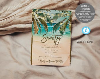 May include: Editable 70th birthday party invitation template featuring a watercolour beach scene, palm trees, and fairy lights. The text reads "Seventy" and includes the party details, including the date, time, and location. The invitation is 5 x 7 inches.