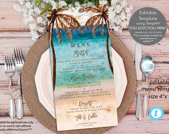 beach wedding menu printable, beach wedding menu editable template, editable beach menu, Templett, 4" x 8", you edit, menu printable