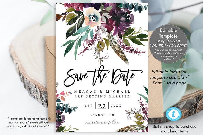 feather save the date invitation printable 5x7 editable save the date purple templett boho floral save the date template you edit