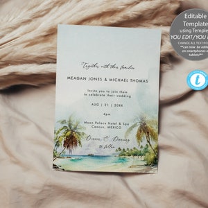 Editable beach wedding invitation, beach wedding invitation editable template, tropical palm trees wedding invitation, you edit, Templett