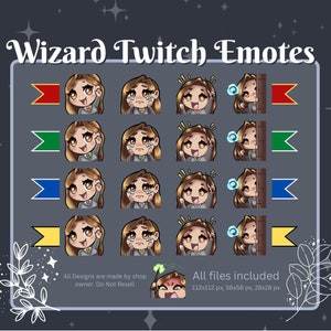 May include: A set of 16 animated Twitch emotes featuring a cartoon wizard character with different expressions and poses. The emotes are in four different color schemes: red, green, blue, and yellow. The text "Wizard Twitch Emotes" is at the top of the image. The text "All Designs are made by shop owner. Do Not Resell" is at the bottom left of the image. The text "All files included 112x112 px, 56x56 px, 28x28 px" is at the bottom right of the image.