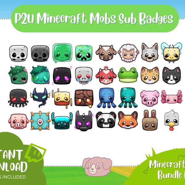 Minecraft All Mobs Inspired Twitch Sub Badges Bundle Pack | Gaming | Digital Download | Cute emotes | Enderman | Monsters | Mooshroom | Cow