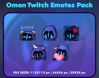 May include: A set of five Twitch emotes featuring a purple hooded figure with glowing blue eyes. The emotes include "Hype", "Sad", "Angry", "Blush", and "Love".
