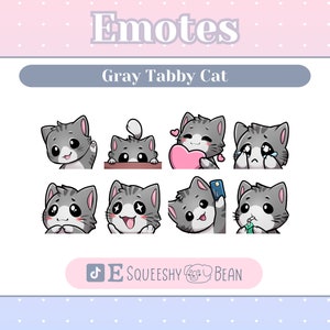 Puede incluir: Un conjunto de ocho emoticonos de gato atigrado gris con diferentes expresiones, incluyendo un gato con ojos de corazón, un gato con un teléfono, un gato con un cepillo de dientes y un gato con lágrimas. Los emoticonos están sobre un fondo blanco con un borde rosa y azul.