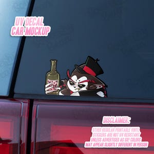 May include: A UV decal car mockup showing a cartoon vampire with a bottle of wine. The vampire wears a top hat with a red band. The decal includes the text "UV DECAL CAR MOCKUP" and "DISCLAIMER: OTHER REGULAR PRINTABLE VINYL STICKERS ARE NOT UV RESISTANT UNLESS ADVERTISED AS SO! COLORS MAY APPEAR SLIGHTLY DIFFERENT IN PERSON."