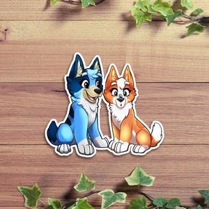 Pegatina inspirada en Bluey y Bingo / Pegatinas para perros / Bluey / Bingo / Perro lindo / Fan art / Blue Heeler / Red Heeler / Perro ganadero australiano /