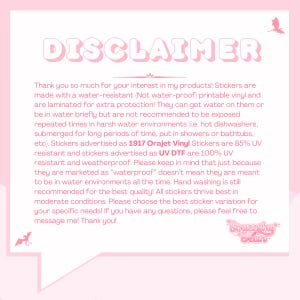 Pu&ograve; includere: Una grafica rosa con la parola "DISCLAIMER" in un font a bolle. Il testo spiega la resistenza all'acqua degli adesivi, i materiali utilizzati e le istruzioni per la cura. Il logo Squeeshy Bean &egrave; in basso.