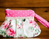 Handmade Small Pleated Wristlet/Clutch - Zippered Top - Shabby Inspired Pink Rose Print - Pearl Accented - FAAP, HAFAIR, TeamHaHa