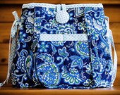 Handmade Convertible Tote Handbag - Heavyweight Quilted Cotton, Double Front Pockets, Blue/Navy/White White Print - FAAP, HAFAIR, TeamHaHa