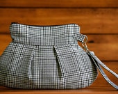 Handmade Large Pleated Wristlet/Clutch - Zippered Top - Black and Gray Houndstooth on Cream Suiting Print - HAFAIR, FAAP, TeamHaHa