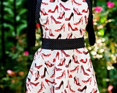 Retro Style Hostess Apron - Shoe Fashionista Black and Red Print, Sexy Ruffled Sweetheart Neckline, Flirty Full Skirt - Kitchen Shower Gift