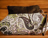 Handmade Large Pleated Wristlet/Clutch/ with Zippered Top - Pink and Brown Print - Removable Wrist Strap - FAAP, HAFAIR, TeamHaHa