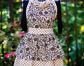Hostess Apron -  Retro Inspired Style With Ruffled Sweetheart Neckline - Black and Gray Damask and Dot Print - FAAP, HAFAIR, TeamHaHa