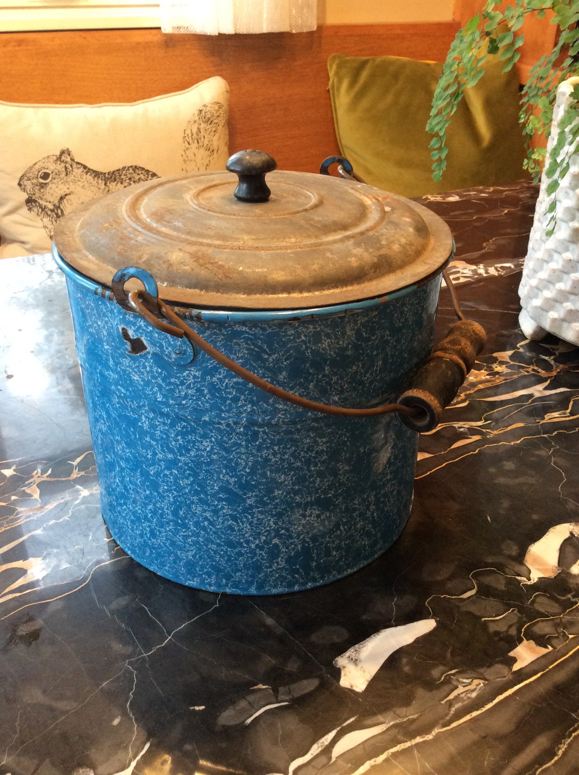 Vintage blue enamel bucket with lid Etsy