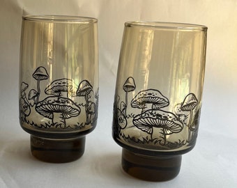 Vintage Mushroom Smokey Glass Tumbler Set Enamel Mushroom Design Cup