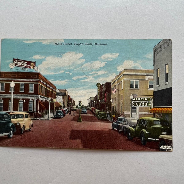 Vintage Postcard Poplar Bluff Missouri with Coca Cola Sign on Main Street circa Oct 28 1953 Postmark