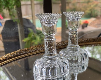 Antique Small Clear Glass Candle Stick Holders