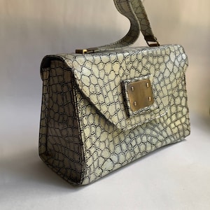 Vintage Gray Faux Crocodile Leather and Brass Pillbox Purse