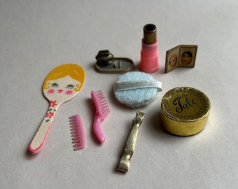 Vintage Early Barbie Francie Doll Vanity Accessories Lot, Mattel Doll Mod Mirror, Talc, Perfume, Comb, Tweezer