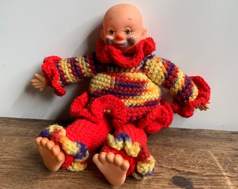 Vintage Circus Happy Clown Knitted Folk Art Rag Doll