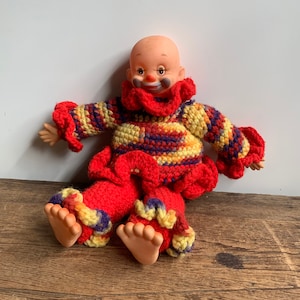 Vintage Circus Happy Clown Knitted Folk Art Rag Doll