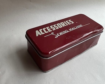 Vintage Red Sewing Machine Accessories Tin Box, Metal Box with Hinged Lid