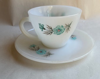 Vintage Fire King Bonnie Blue Flower Milk Glass Cup and Saucer Set