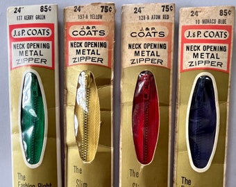Vintage J&P Coats Metal Zipper Colorful Assortment for Dress or Neck Opening