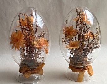 Vintage Boho Glass Egg Diorama Orange Flower Arrangement Pair