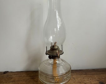 Vintage Lamplight Farms Glass Oil Lamp with Geometric Pattern Base and Chimney