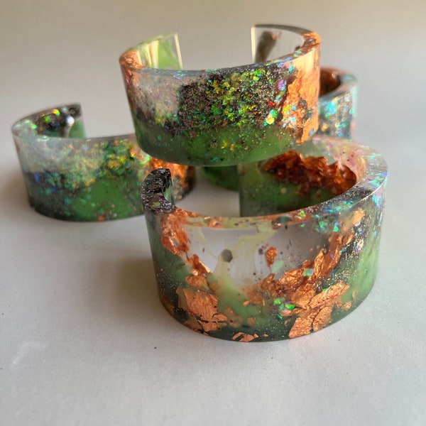 Sea Foam Green and Black Opal Copper Resin Cuff Bracelet Big Bangle Statement Jewelry
