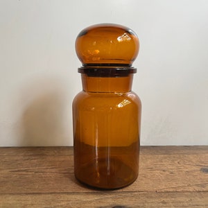 Vintage Brown Glass Belgium Apothecary Jar with Bubble Lid