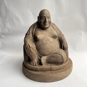 Vintage Chinese Lucky Buddha Figure, Carved Wood Buddha Statue