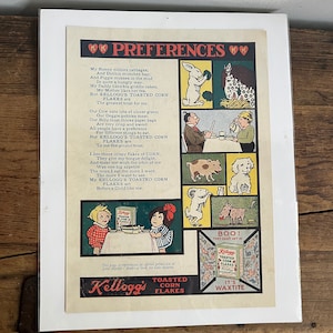 May include: A vintage advertisement for Kellogg's Toasted Corn Flakes featuring a colorful illustration of various animals enjoying the cereal. The text reads "Kellogg's Toasted Corn Flakes" and "It's WAXTITE".