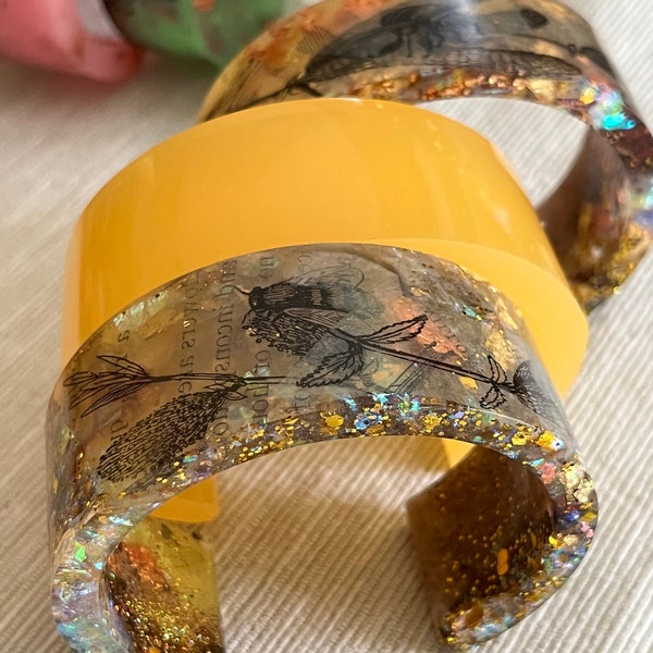 Honey Bee Yellow Iridescent Resin Cuff with Embedded Gold Bangle Bracelet Statement Jewelry