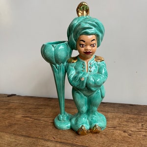 Vintage Green Ceramic Genie Figure Bud Vase, Arabian Nights, Genie in a Bottle