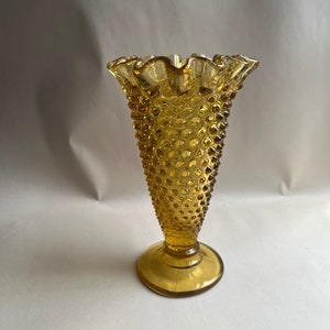Vintage Hobnail Amber Glass Vase with Ruffled Lip