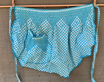 Vintage Teal & White Gingham Half Apron with Long Tie String