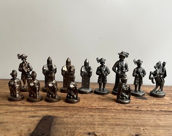 Vintage Medieval Style Pewter Chess Pieces, Queen, Rook, Knight, Pawn, Bishop