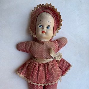 Vintage Mask Face Doll Red White Polka Dot Stuffed Plush Plastic Face