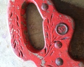 Antique Hand Carved Red Wood Handle Saw