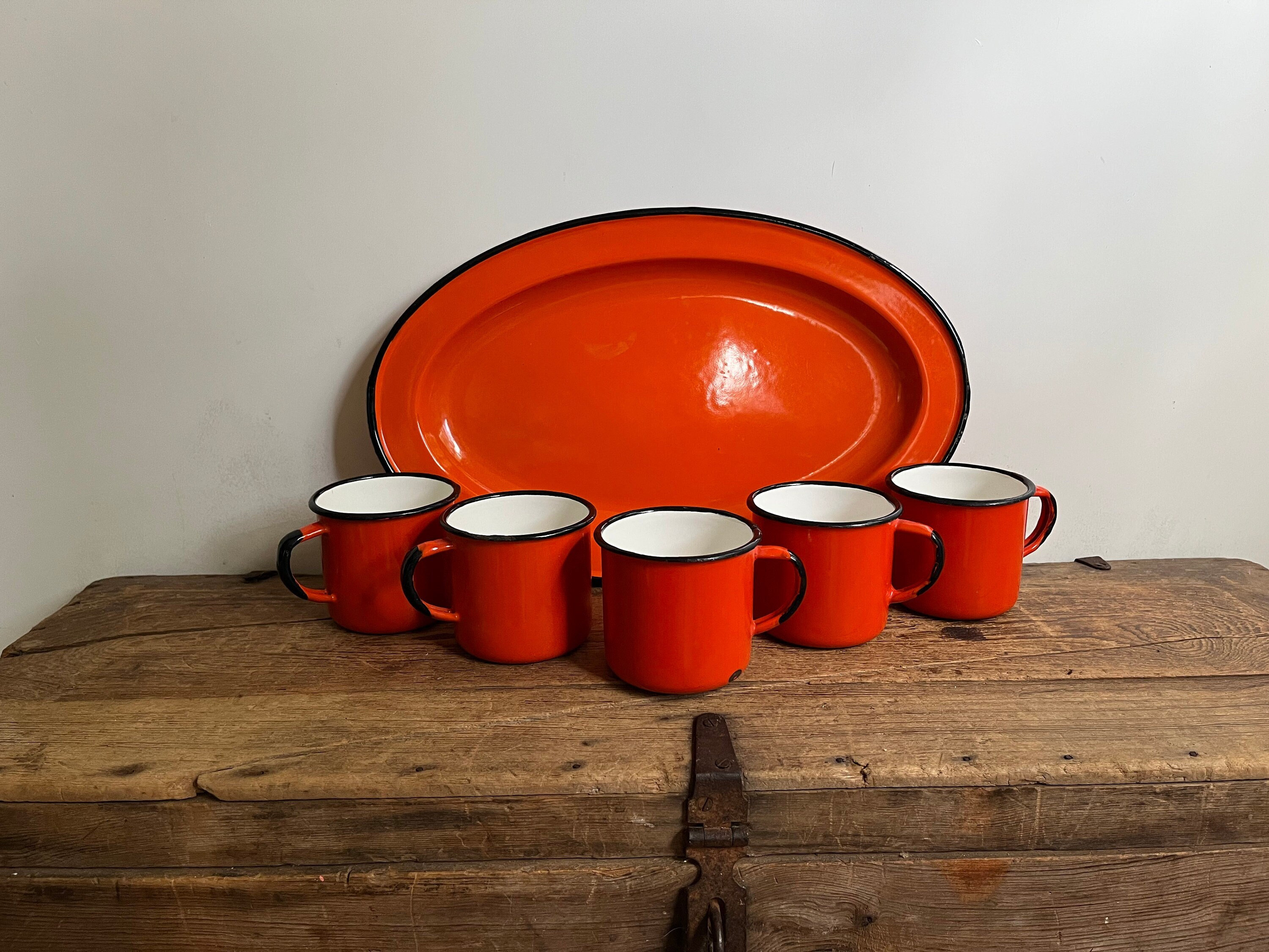 Rustic, Enamel, Bright Orange and White, Long Handled Butter