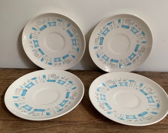 Atomic Blue Heaven Saucer Plate Set by Royal China Turquoise and White Ceramic Vintage Midcentury Modern