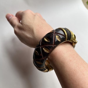 Vintage India Brass & Horn Hinged Chunky Bangle Bracelet Boho Jewelry
