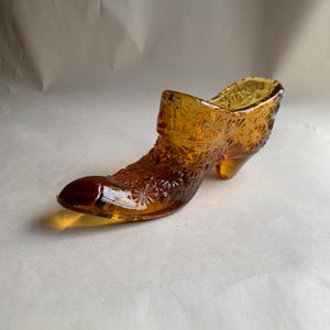 Vintage Fenton Amber Daisy Glass Shoe: Toothpick Holder, Pin Cushion