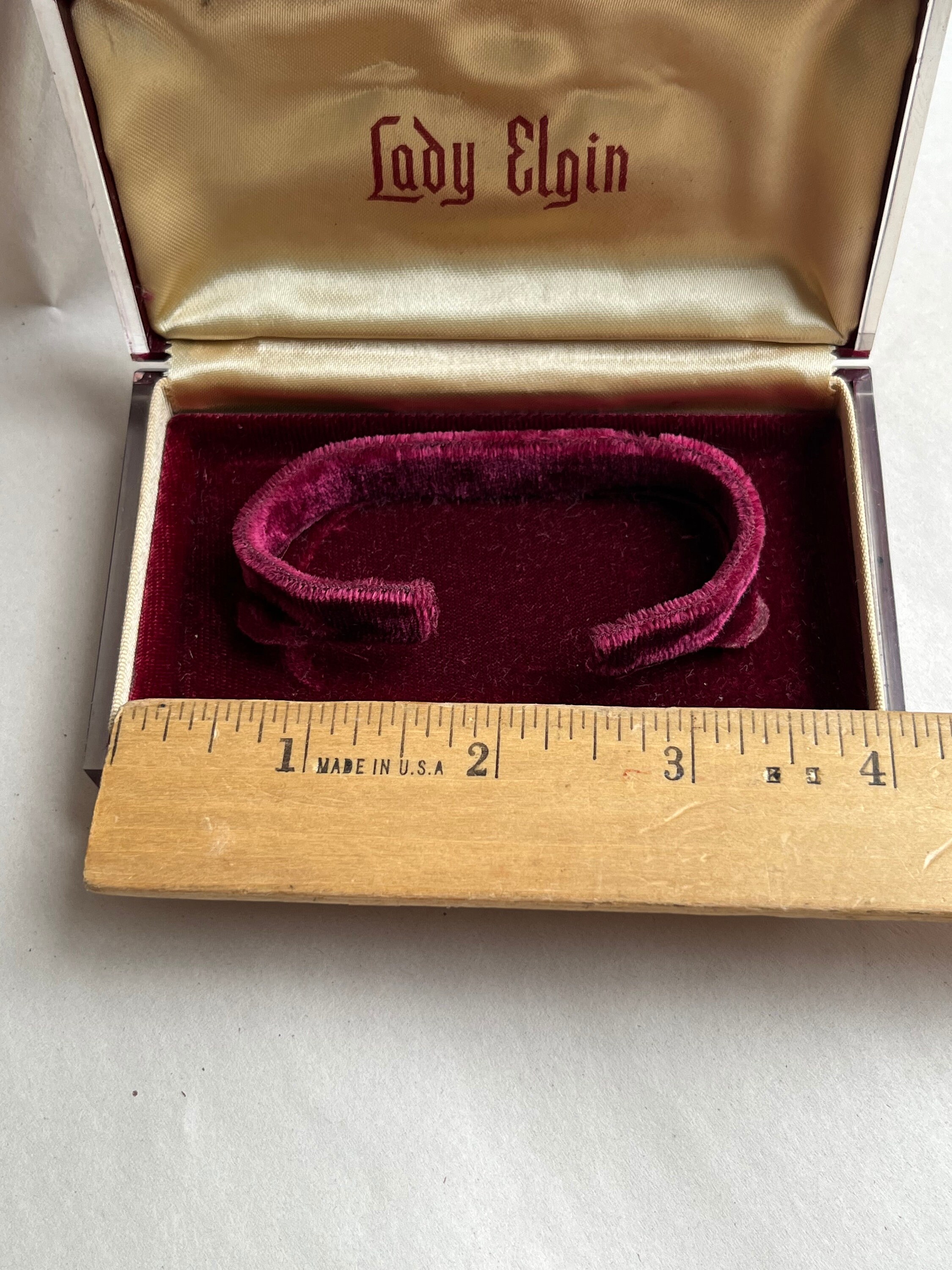 Vintage Lady Elgin Watch Case Box Burgundy Lucite Crest Display Jewelry Case Vintage Lady Elgin Burgundy Lucite Watch Case, Jewelry Gift  main image 3