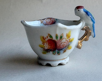 Vintage Miniature Teacup with Parrot Bird Handle, Floral Porcelain Mini Cup, Japan Demitasse