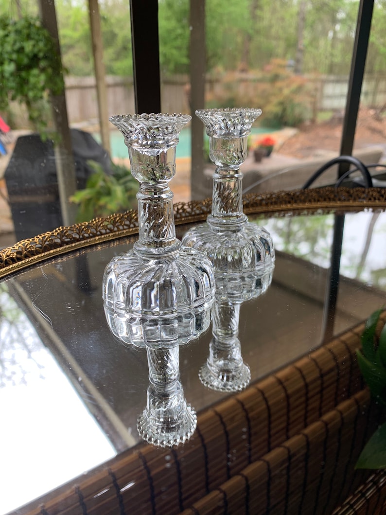 Antique Small Clear Glass Candle Stick Holders Etsy