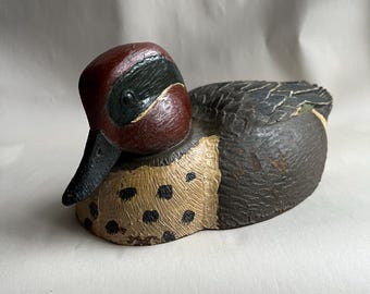 Vintage Carved Wood Green Wing Teal Duck Decoy Figure